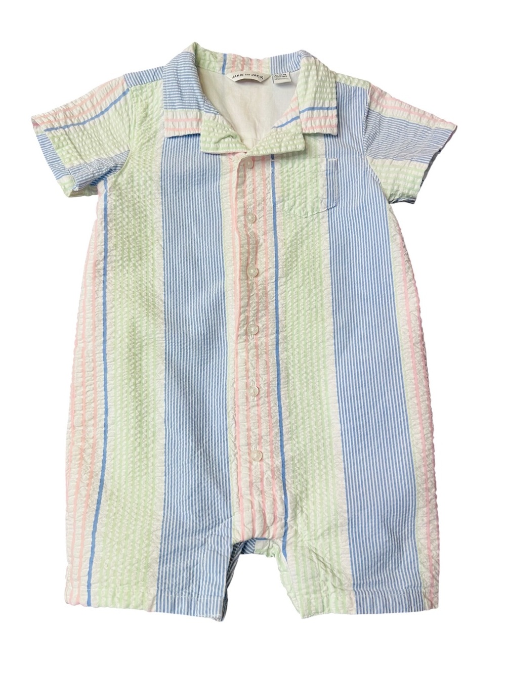 Janie and Jack Boy’sPastel Stripe Seersucker Jumpsuit-Blue, Pink, Green & White
